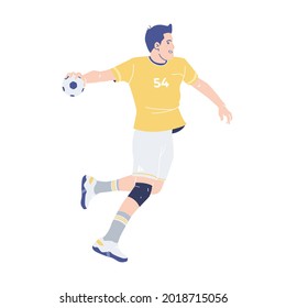Hand Ball player jump bring ball. Athletes in Yellow uniform playing Hand Ball. Professional Hand Ball player during sports match. Colored flat vector illustration on isolated white background