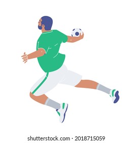 Hand Ball player shoot the ball hard. Athletes in green uniform playing Hand Ball. Professional Hand Ball player during sports match. Colored flat vector illustration on isolated white background