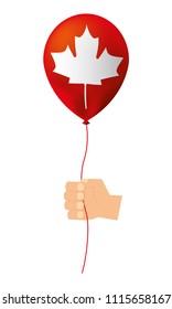 hand with balloon helium and maple leaf isolated icon