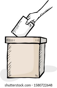 Hand with ballot and box isolated on white background 