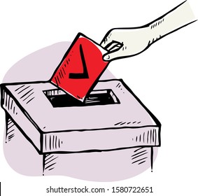 Hand with ballot and box isolated on white background 