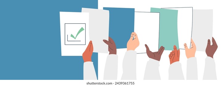 Hand with ballot or Election Day people group vote for democracy,  vector illustration. Multicultural citizen exchange idea. Voter with paper. Referendum, cultural communication, politic collaborate