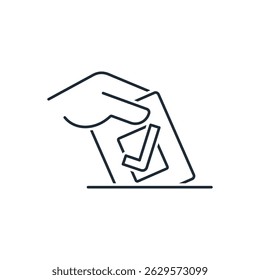 Hand with a ballot.  Give a vote, preference.Electoral process.Vector linear illustration icon isolated on white background.