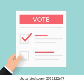 Hand with ballot paper with two check boxes, election concept, vector eps10 illustration