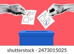 Hand with ballot papers and ballot box. Trendy vintage halftone election event banner.
