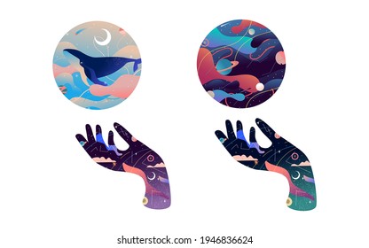 Manos con bolas con el universo y una ballena. Ilustración vectorial.