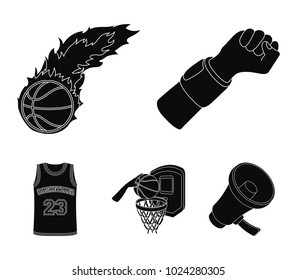 Hand with a bandage, a fireball, a ball in the basket, a form. Basketball set collection icons in black style vector symbol stock illustration web.