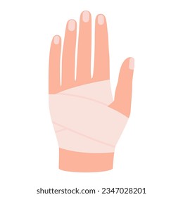 Hand with bandage. First aid, protection in case of burn of skin, physical trauma, wound. Clean bandage, patch. Injury human hand. Vector illustration