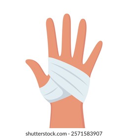 Hand with bandage. First aid, protection in case of burn of skin, physical trauma, wound.