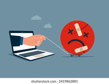 Hand with bandage repaired angry and negative emoticon shape. Negative attitude. Modern vector illustration in flat style. 