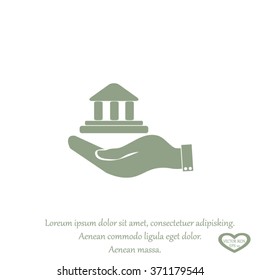 Hand and bank building. Vector. Bank building icon.