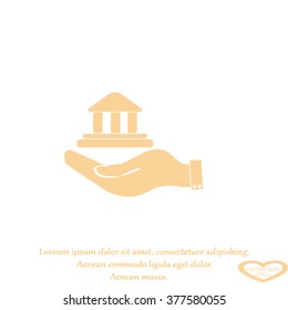 Hand and bank building. Vector. Bank building icon.