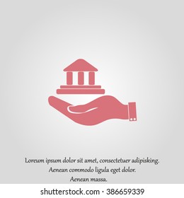 Hand and bank building. Vector. Bank building icon.