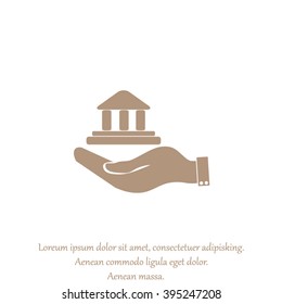 Hand and bank building. Vector. Bank building icon.