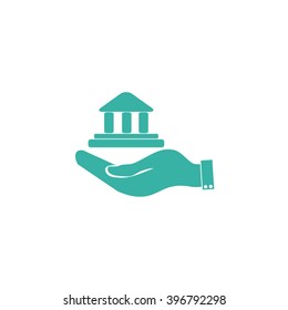 Hand and bank building. Vector. Bank building icon.