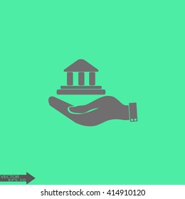 Hand and bank building. Vector. Bank building icon.