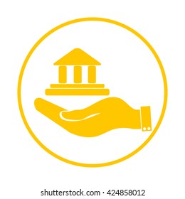 Hand and bank building. Vector. Bank building icon.