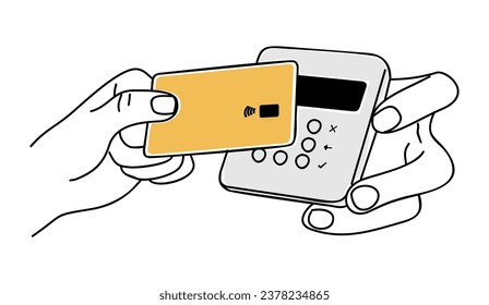 Hand with bank card making contactless payment.