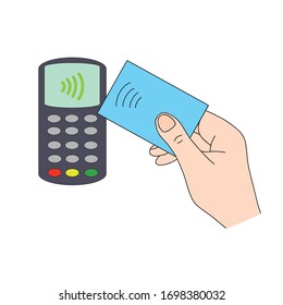 Hand with a bank card near pos terminal, contactless payment concept, in a color, vector illustration
