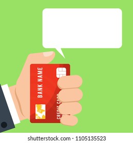 Hand with bank credit card. Vector illustration. Text bubble. Color background.