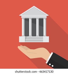 Hand with bank icon. Flat style design with long shadow