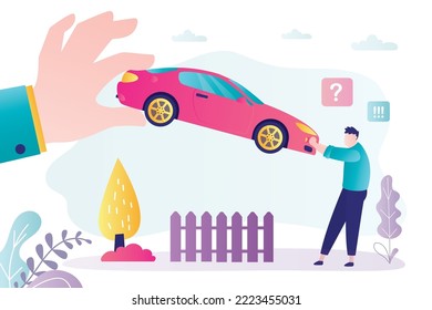 Hand of banker or businessman confiscates the car from male driver. Non-payment of loan, violation of the lease or purchase agreement. The police take auto from offender. Flat vector illustration