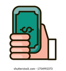 hand with banknote money financial business stock market vector illustration line and fill icon
