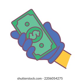 Hand with banknote. Money transactions, trading. Successful investor or businessman metaphor. Financial literacy and wealth. Budget and savings. Poster or banner. Cartoon flat vector illustration