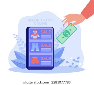Hand with banknote and phone showing online second hand store. Customer buying pre-used clothes online via smartphone or tablet vector illustration. Online shopping, secondhand, fashion concept