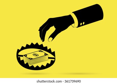 hand with banknote and trap, business trap concept