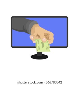 Hand with banknotes from the computer monitor. Shopping on the internet, online business.
