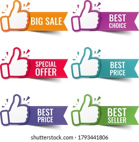 Hand Banner Collection Recommended With Thumbs Up With White Background With Gradient Mesh, Vector Illustration