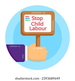 Hand banner denoting protest against child labour, flat round icon