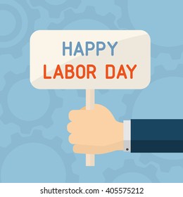 Hand with banner of labor day, illustration.