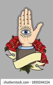 Hand with banner in old school tattoo style, vector drawing