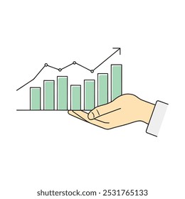 Hand with a bar graph and another with a graph bar, representing statistical data visualization isolated doodle flat vector illustration on white background.