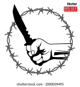 Mano, alambre de púas, Cierre de un hombre con cuchillo militar negro para asesinato Armas de criminales.Icono único en prisión en ilustración vectorial de estilo caricatura