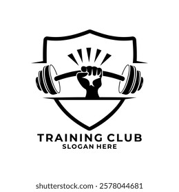 Hand with Barbell and Shield logo design template. Training club, Fitness and Gym Logo Design Vector