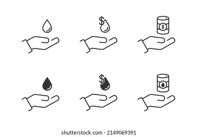 Hand and barrel of oil. Barrel money icon. Drop of oil and dollar symbol. Flat vector illustration.