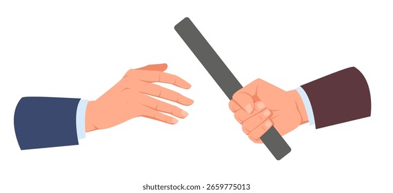 Hand with baton passes it other arm. Teamwork in business. Cooperation challenge. Runners group speed race. Sport competition for businessman. Partners team. Colleagues collaboration. Vector concept