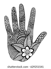 Hand of the beautiful painted flowers. Floral palm, hand drawn zentangle style for our design. Monochrome Vector illustration