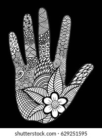 Hand of the beautiful painted flowers. Floral palm, hand drawn zentangle style for our design. Monochrome Vector illustration