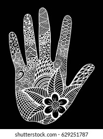 Hand of the beautiful painted flowers. Floral palm, hand drawn zentangle style for our design. Monochrome Vector illustration