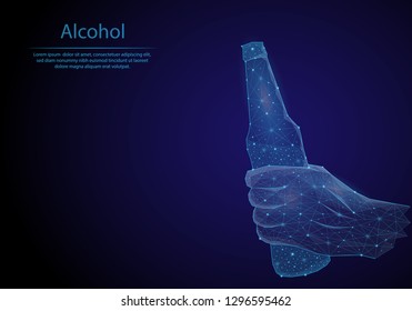 Hand with beer bottle. Abstract image in the form of a starry sky or space, consisting of points, lines, and shapes in the form of planets and stars in blue color. Low poly vector background.