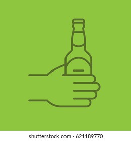 Hand with beer bottle color linear icon. Thin line contour symbols on color background. Vector illustration