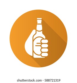 Hand with beer bottle. Flat design long shadow icon. Toasting hand holding beer. Vector silhouette symbol