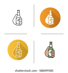 Hand with beer bottle icon. Flat design, linear and color styles. Toasting hand holding beer. Cheers isolated vector illustrations