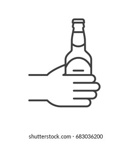 Hand with beer bottle linear icon. Thin line illustration. Contour symbol. Vector isolated outline drawing