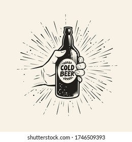 Hand with beer bottle. Pub, brewery vintage vector illustration