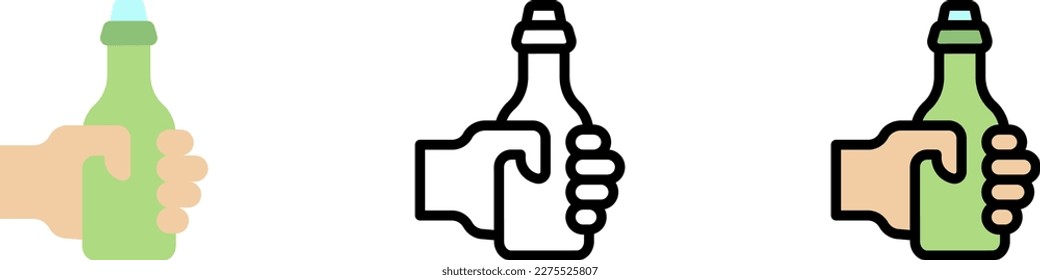 Hand, beer bottle vector icon in different styles. Line, color, filled outline